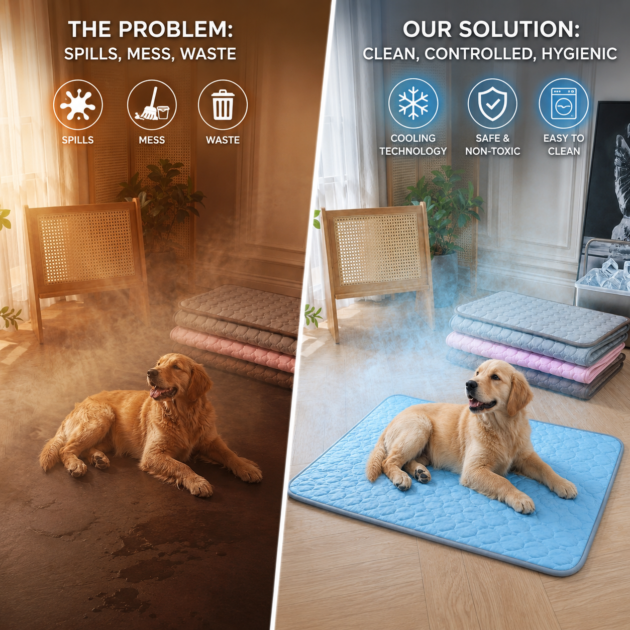 Vergleich: schmutziger Hundeplatz vs. saubere CoolingMat-Lösung